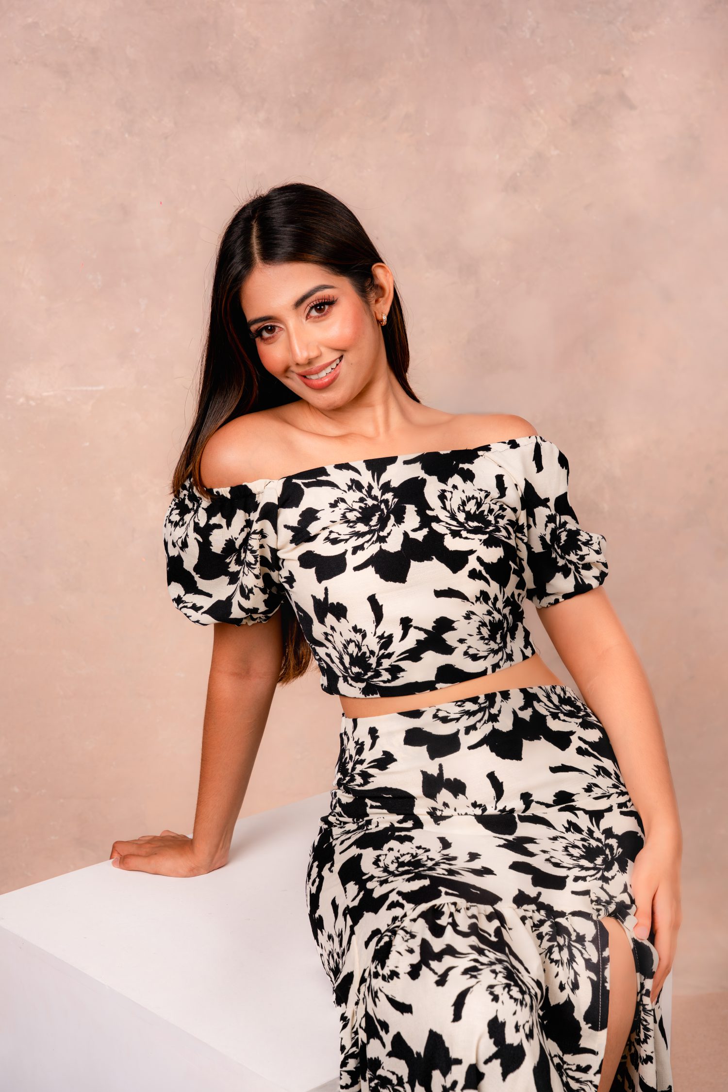 Monochrome Bloom Midi Dress — Arvento
